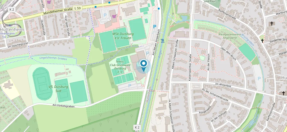 Stadtplan mit dem Standort der XXL Büroverwaltung, Am Neuen Angerbach 28 in 47259 Duisburg-Hüttenheim